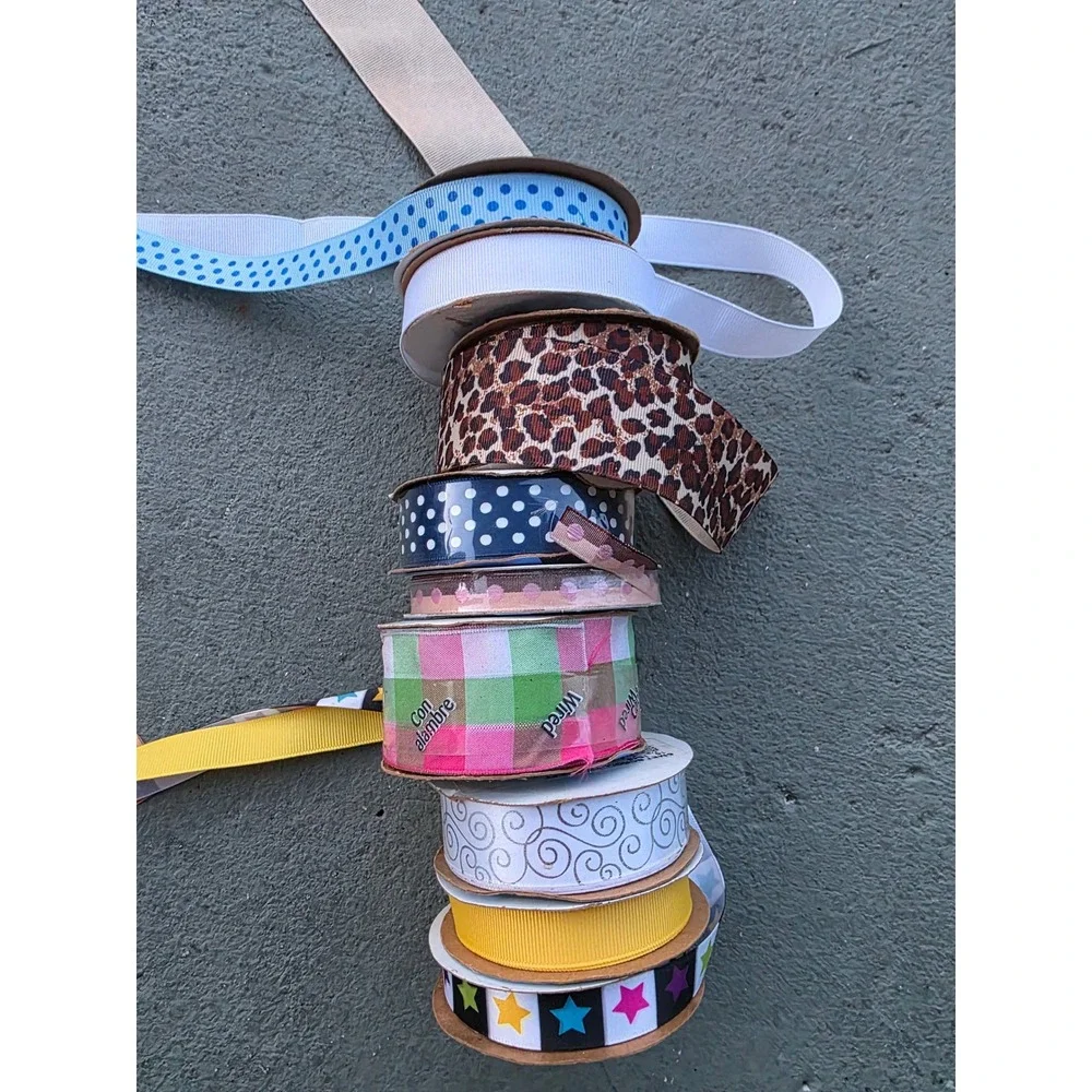 Offray Ribbon Lot 9‎ Spools Leopard Polka Dot Gingham Stars Grosgrain Wired A5